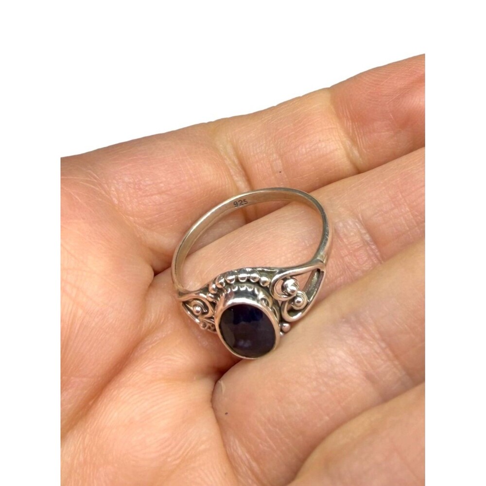 Blue Sapphire Ring Size 8.5 Solid 925 Sterling Silver Faceted Stone Heart Design - Picture 5 of 5
